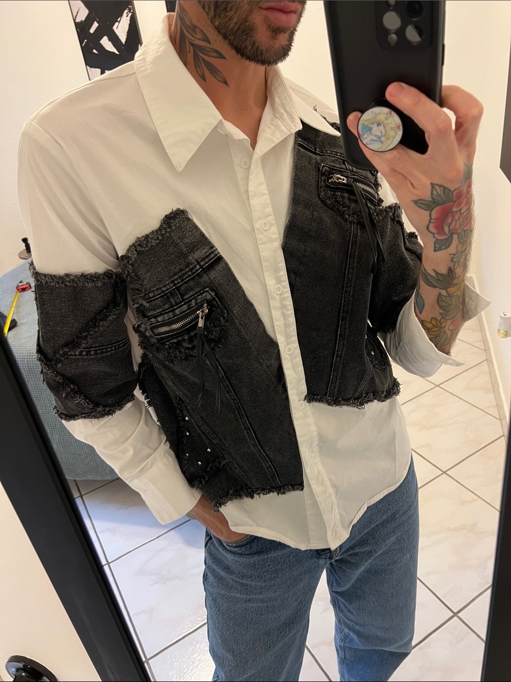 AKIRA White Shirt Jacket with Black Denim Patchwork